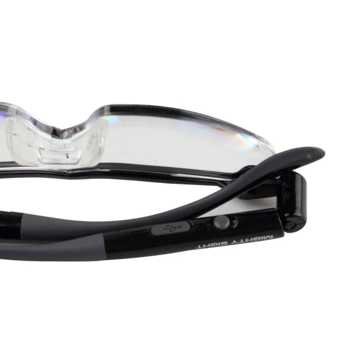 Transparent black USB LED reading glasses with scheduling function on display