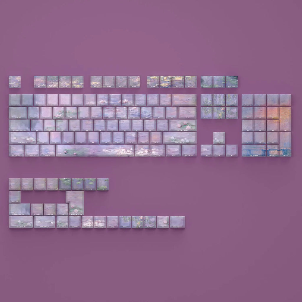 Wenshao Sleeping Lotus PBT keycap set with 130 keys, showing side-engraved legends and five-sided dye-sublimated artwork.