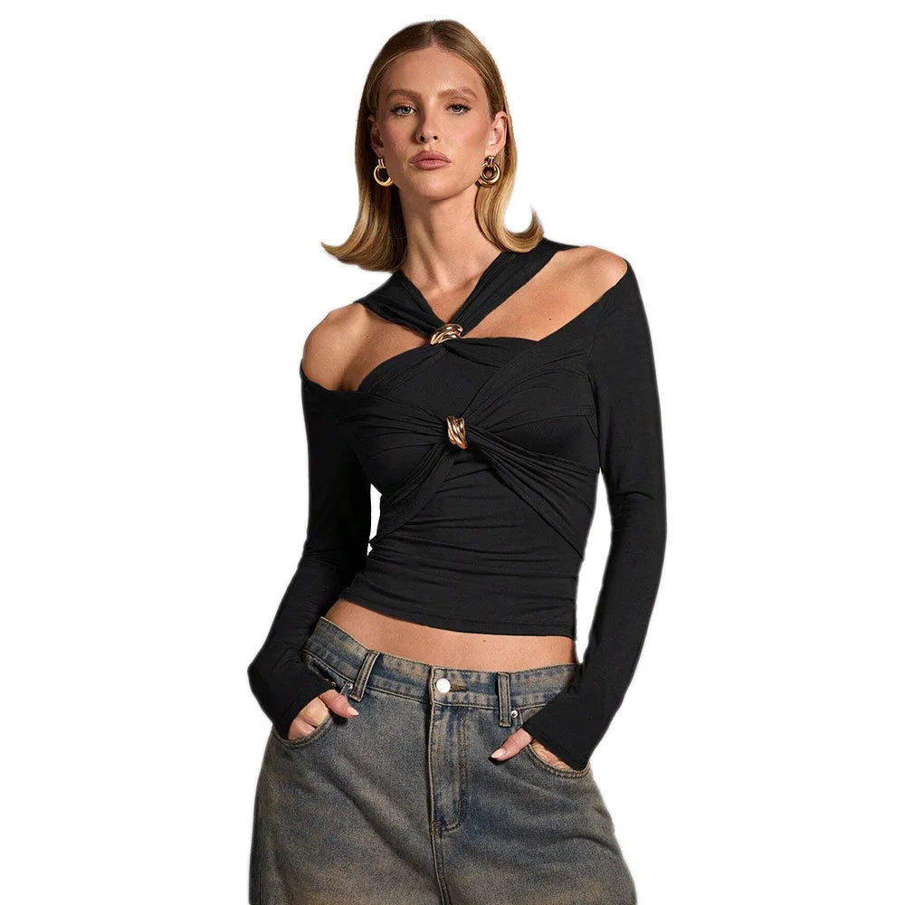 Black women's halter top with long sleeves and slim fit design