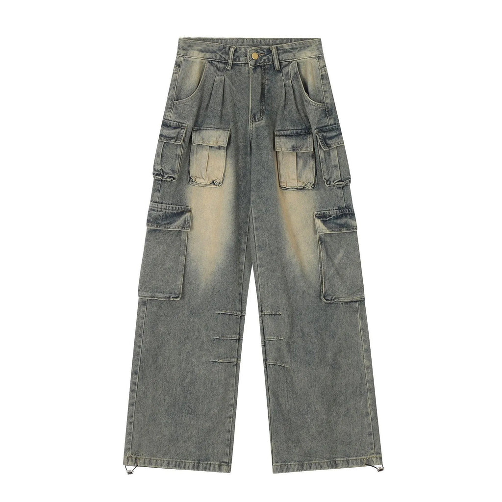 Men's loose fit straight leg distressed jeans with multiple pockets in light blue or black wash