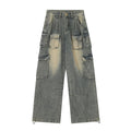 Men's loose fit straight leg distressed jeans with multiple pockets in light blue or black wash