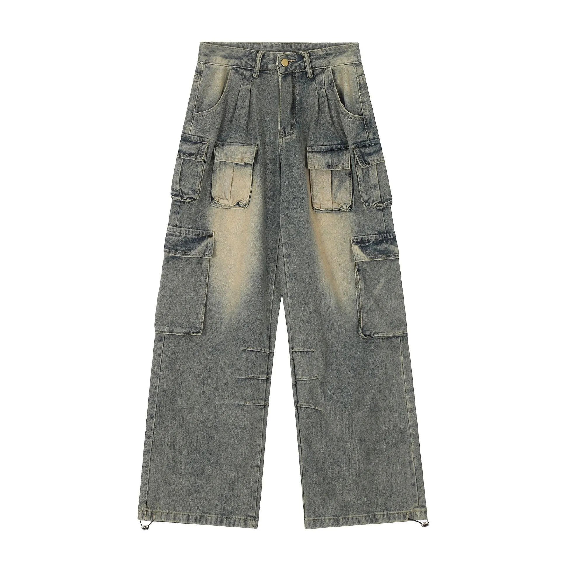 Men's loose fit straight leg distressed jeans with multiple pockets in light blue or black wash