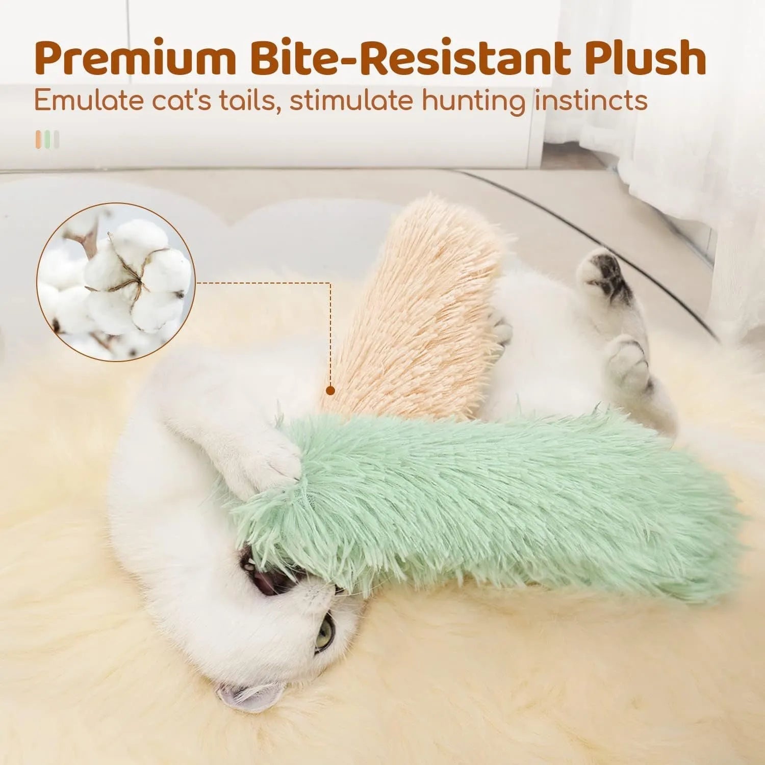 Soft plush cat toy pillow in blue, green, pink, and white colours, shown next to a measuring tape indicating 27cm length.
