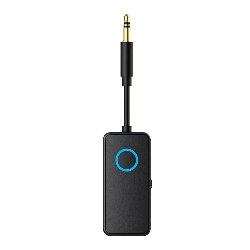 Black Bluetooth 5.4 audio adapter with 3.5mm plug for wireless connection to car stereos and speakers
