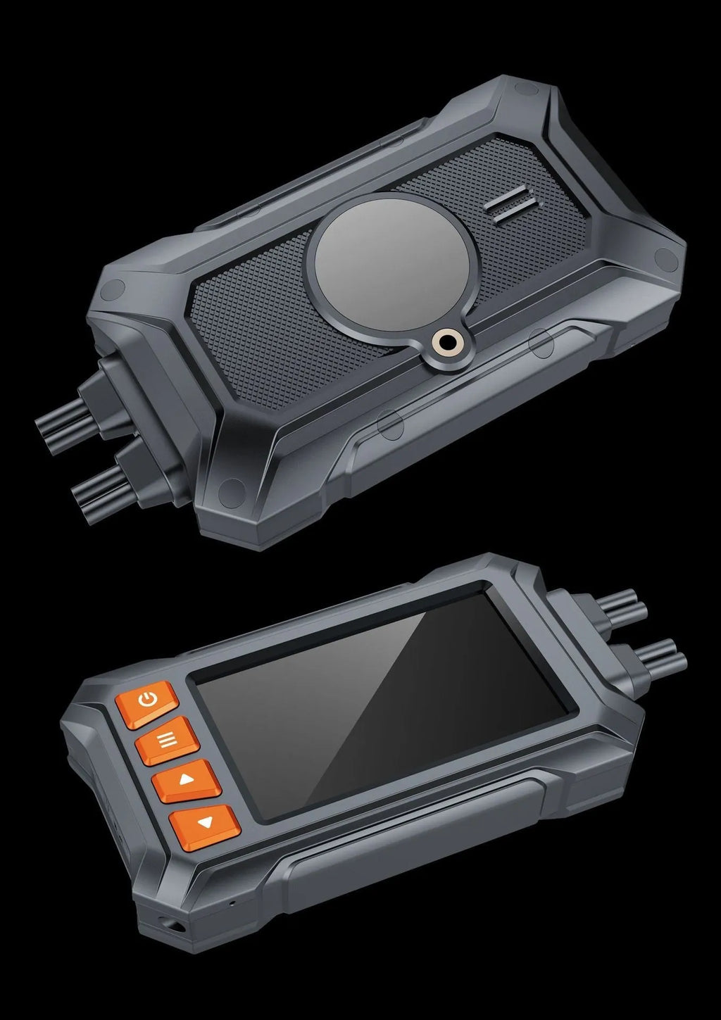 Motorcycle dual lens dashcam recorder with GPS module and mounting accessories on a black background.