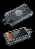Motorcycle dual lens dashcam recorder with GPS module and mounting accessories on a black background.