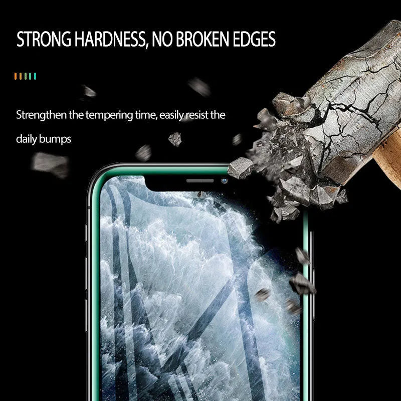 Luminous full cover tempered glass screen protector glowing green in the dark for iPhone.