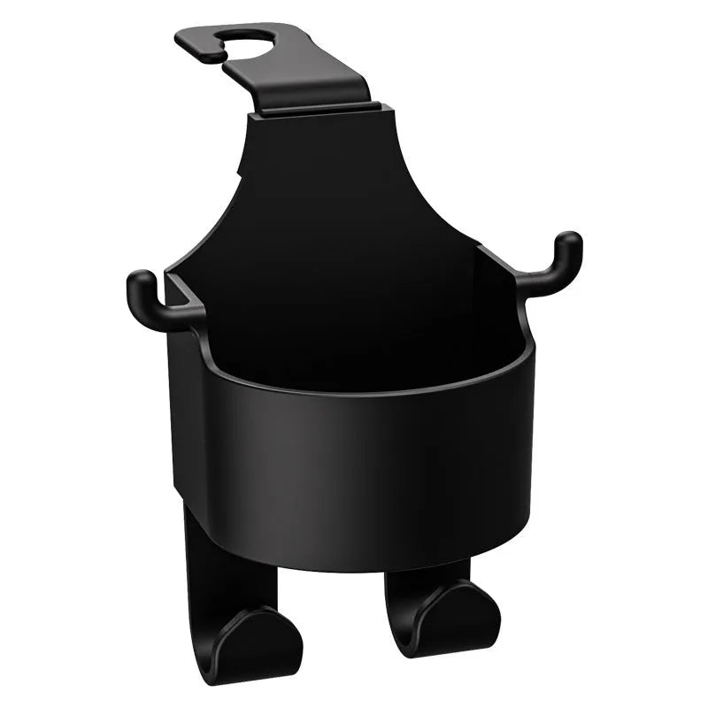 Black plastic car hook seat back organiser with cup holder mounted on vehicle headrest