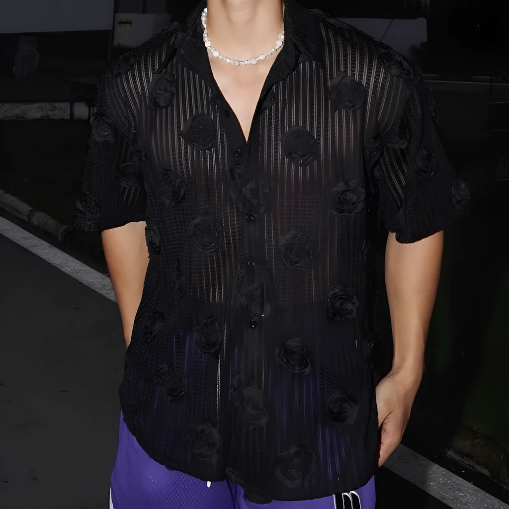 Men's heavy industry three-dimensional floral short-sleeved shirt in loose fit plus size with wool lining