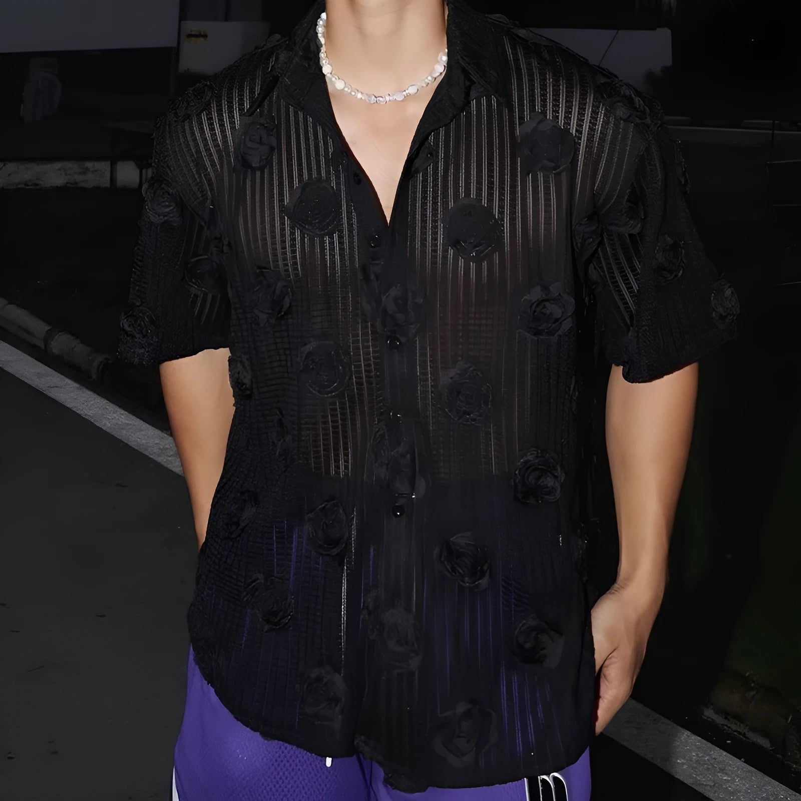 Men's heavy industry three-dimensional floral short-sleeved shirt in loose fit plus size with wool lining