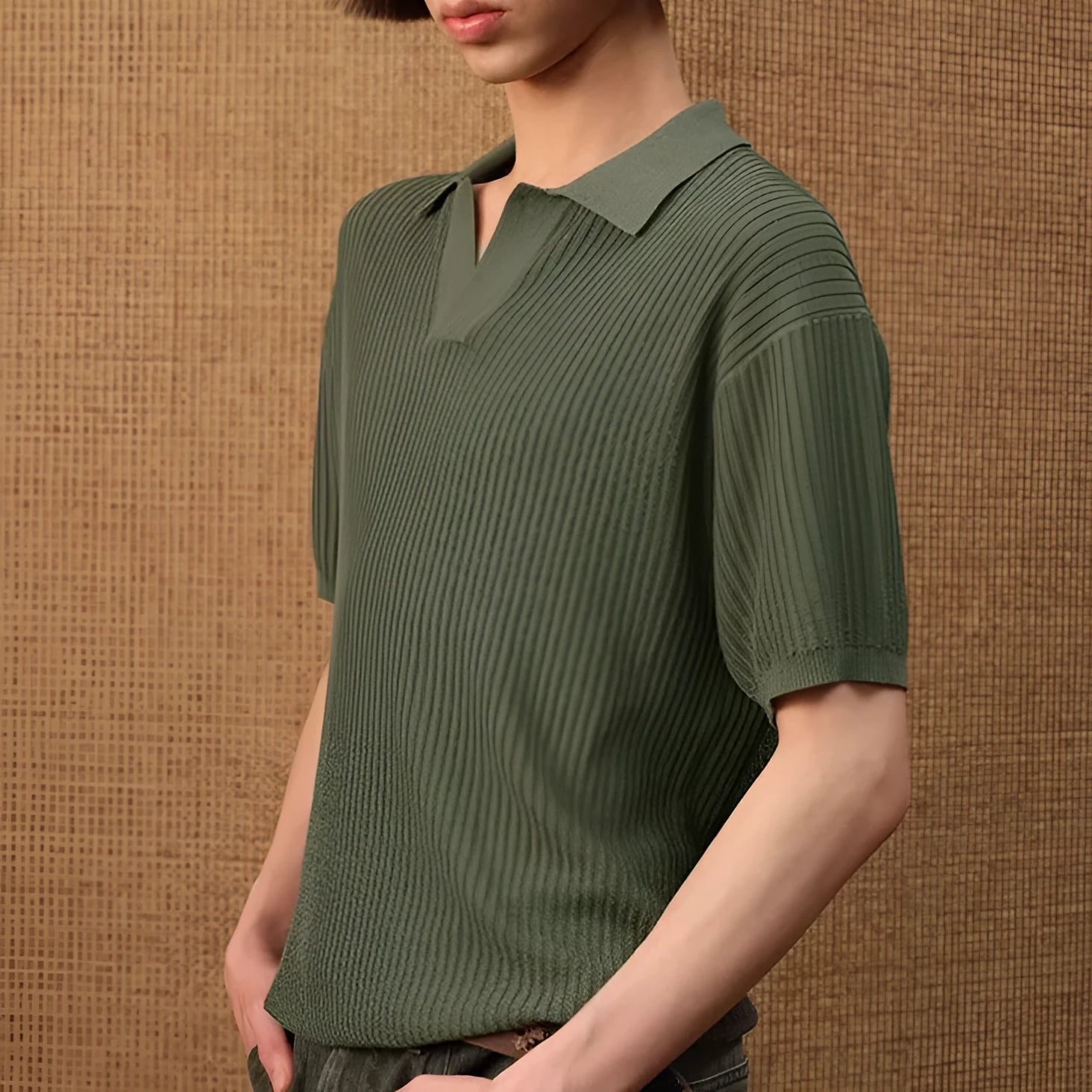 A creamy-white loose-fit polo shirt with a striped collar, made from thin ice silk fabric for summer.