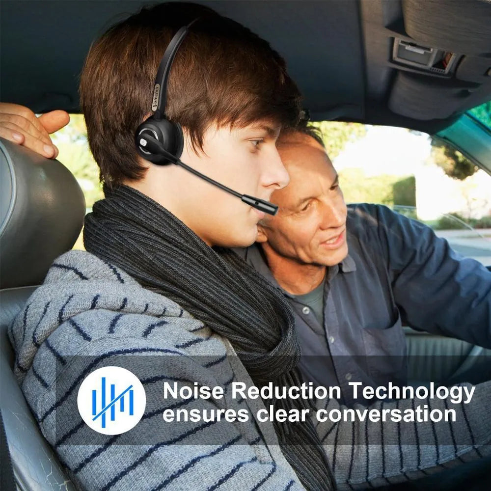 Bluetooth headset with microphone designed for truck drivers and office use, featuring noise-cancelling technology.