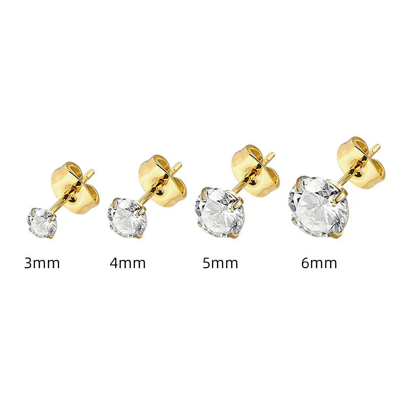 Square geometric stainless steel stud earrings with a single round zircon stone in gold or steel colour.