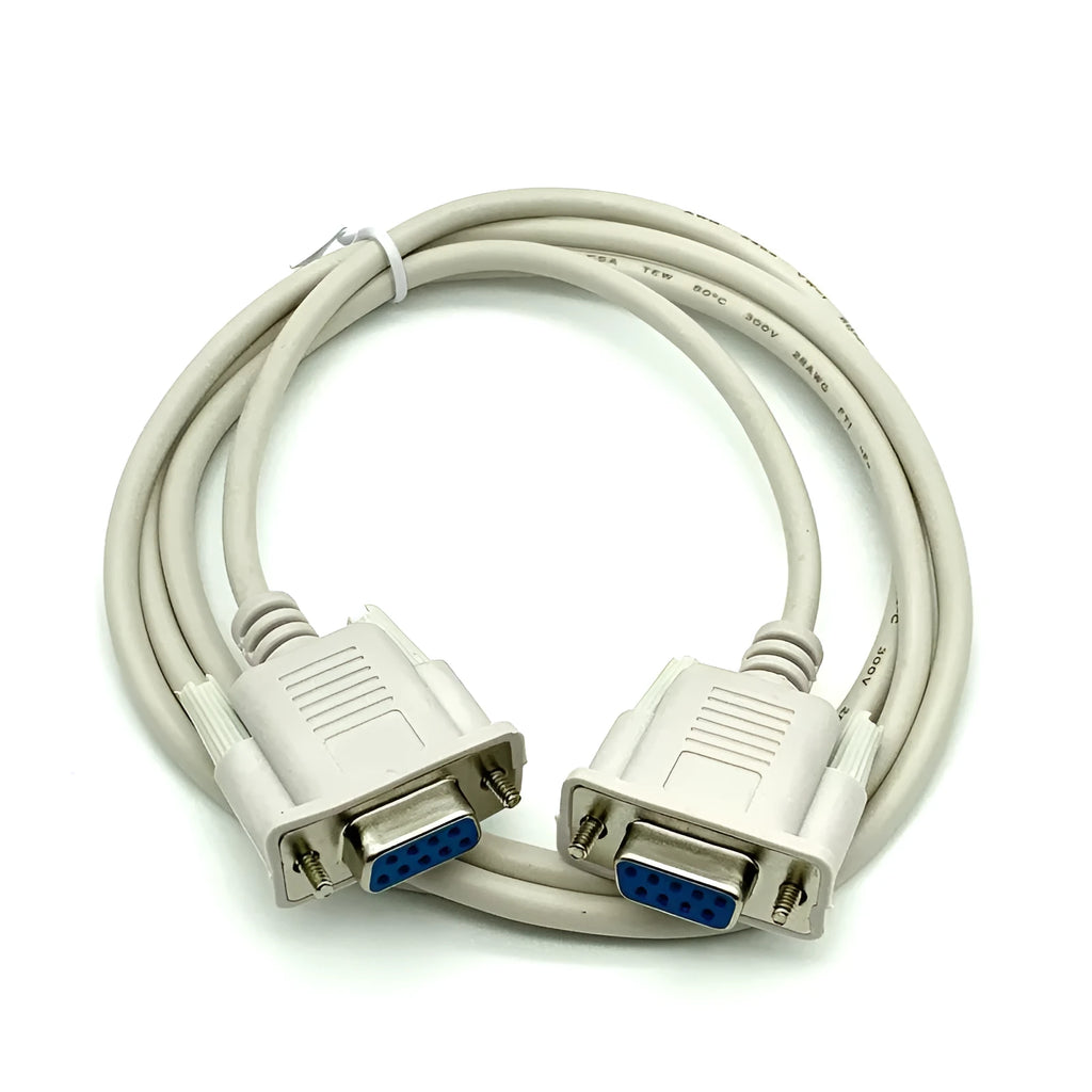 DB9 female to female RS232 serial cable, 1.5m length, milky white colour.