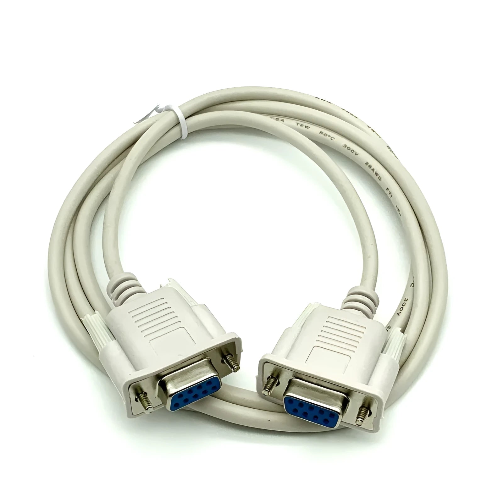 DB9 female to female RS232 serial cable, 1.5m length, milky white colour.