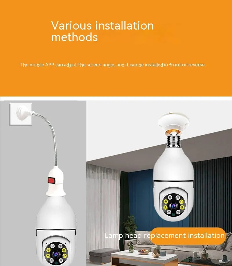 Wireless bulb security camera with metal and plastic housing, measuring 5cm by 12cm.
