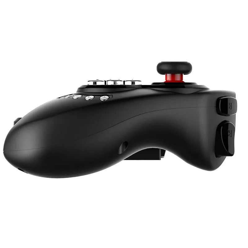 Wireless telescopic mobile game controller extended with phone inserted, showing buttons and adjustable grip