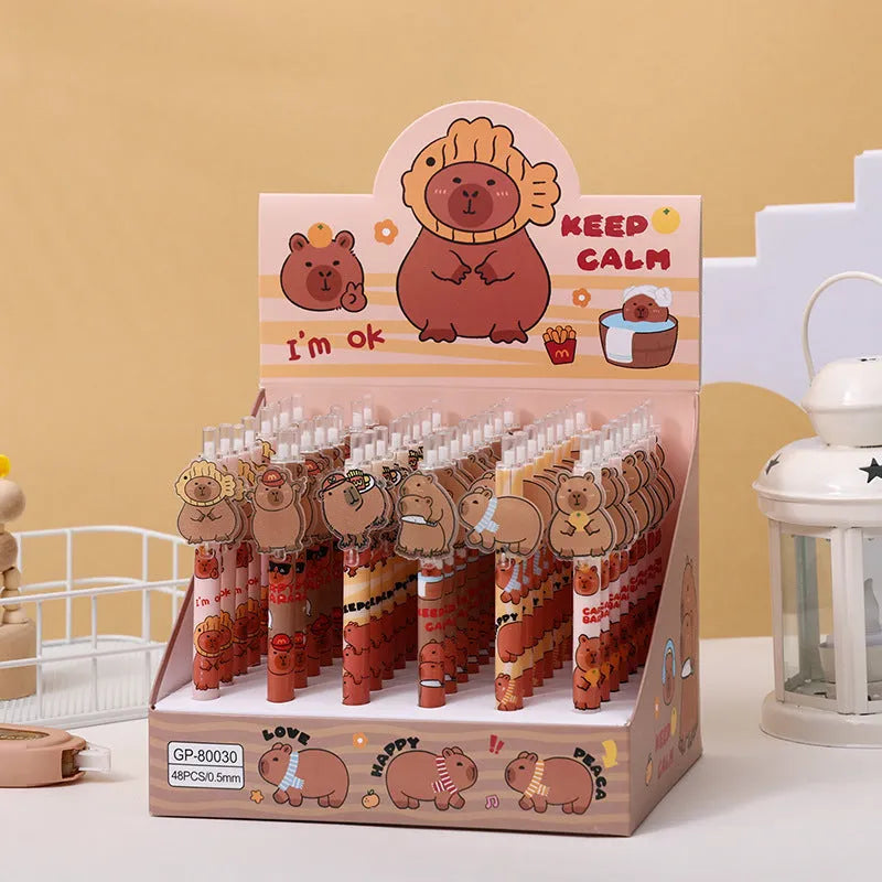 Cartoon bear design gel pens in 48-piece set with plastic shells and carbon black refills