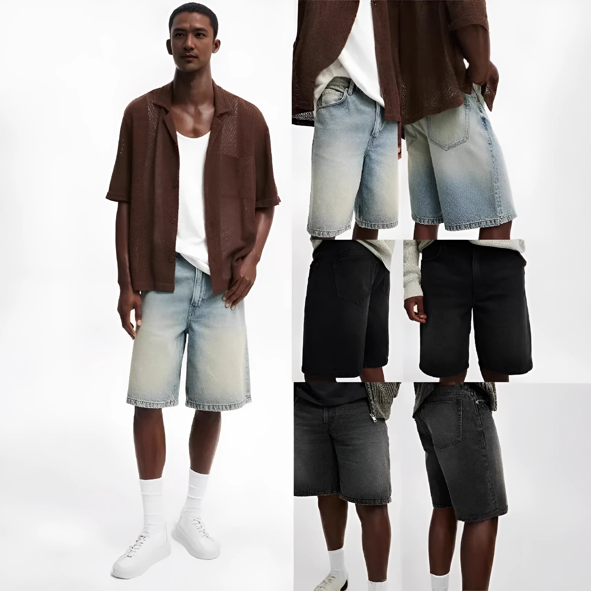 Men's loose straight-leg cotton denim trousers in light blue, black, and grey colour options