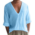 Men's long sleeve V-neck t-shirt in washed cotton fabric available in multiple solid colours