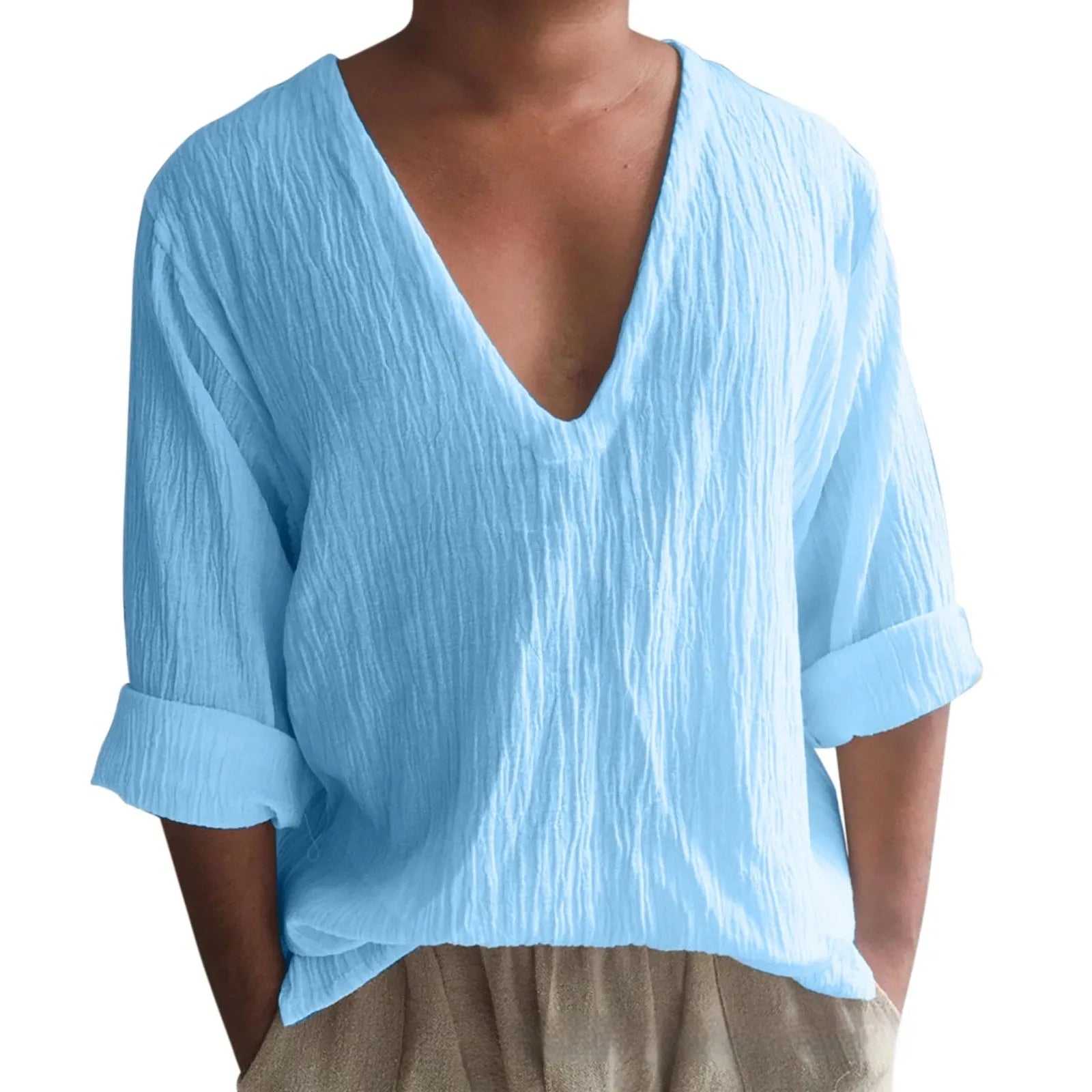 Men's long sleeve V-neck t-shirt in washed cotton fabric available in multiple solid colours