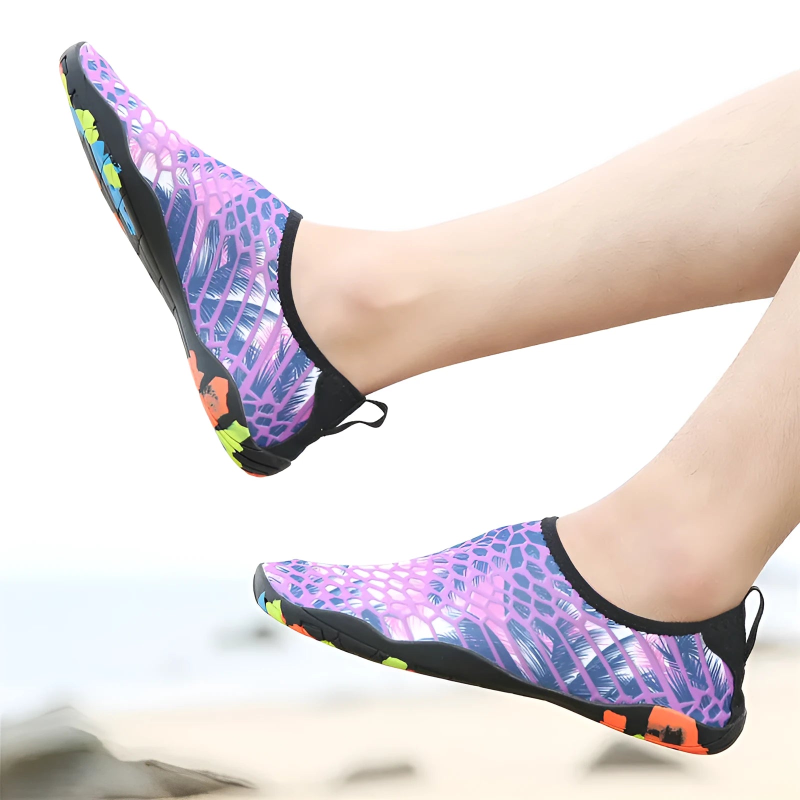 Lycra fabric beach wading shoes for swimming in blue, black, pink, purple, and camouflage colours