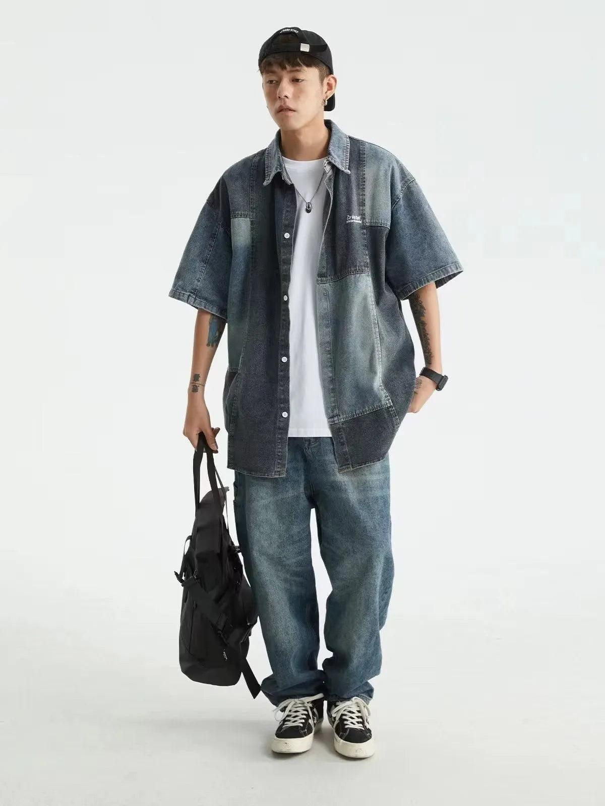 Blue denim shirt with Japanese retro washed stitching detail in loose cardigan fit for men