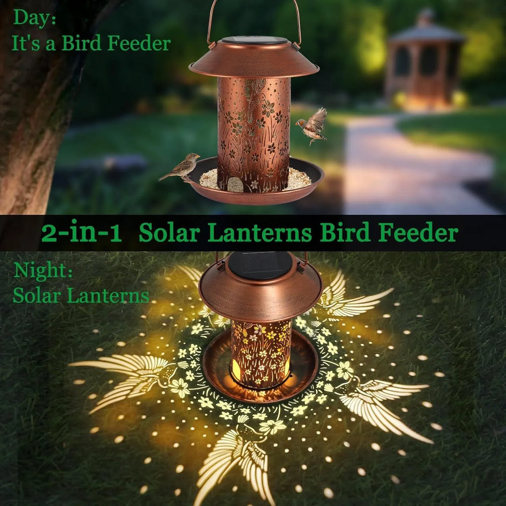 Solar-powered iron art hummingbird bird feeder with waterproof finish for outdoor gardens.