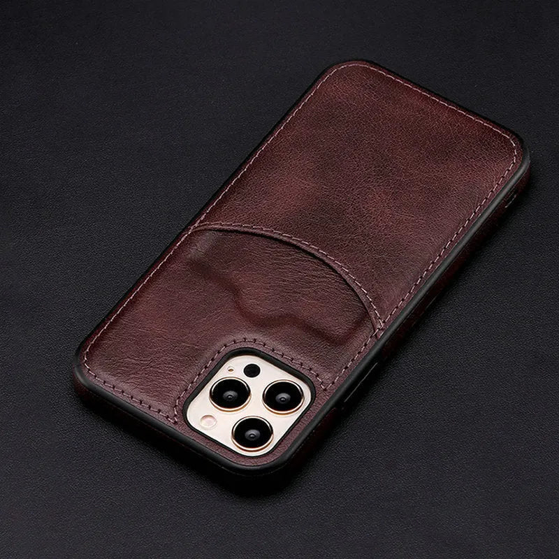 Dark blue PU leather protective iPhone case showing front and back views
