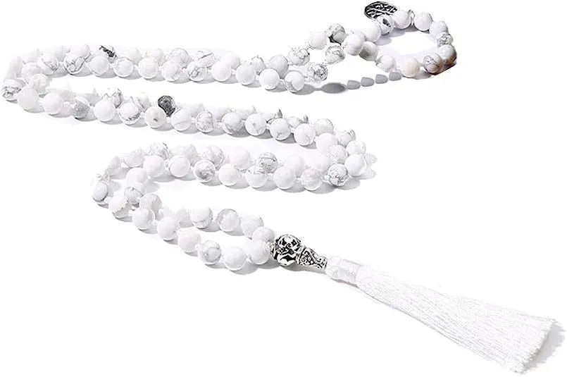 Handmade knotted beaded necklace with 8mm stone beads showing natural colour variations