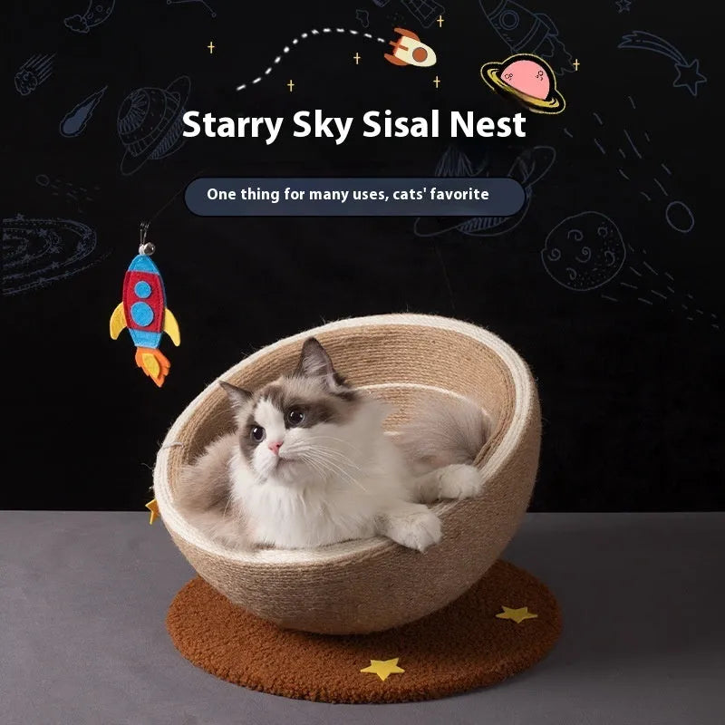 Large cat scratching post integrated with a flannel-lined nest, wrapped in natural sisal rope on a wooden base.