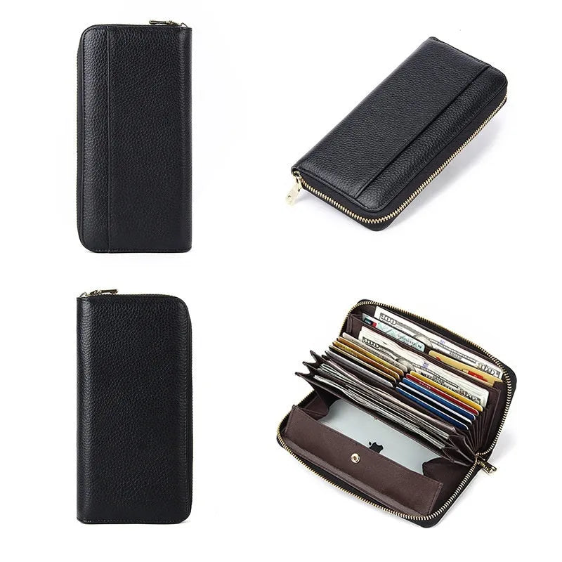 Long genuine leather women's wallet in a choice of colours showing large capacity and card slots.