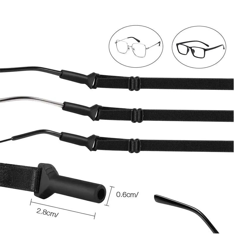 Black adjustable glasses cord with silicone earpiece hooks for anti-slip eyewear retention