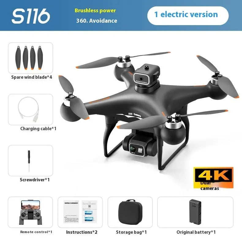 S116 black plastic brushless UAV quadcopter with four-side obstacle avoidance and HD camera, shown with remote control.