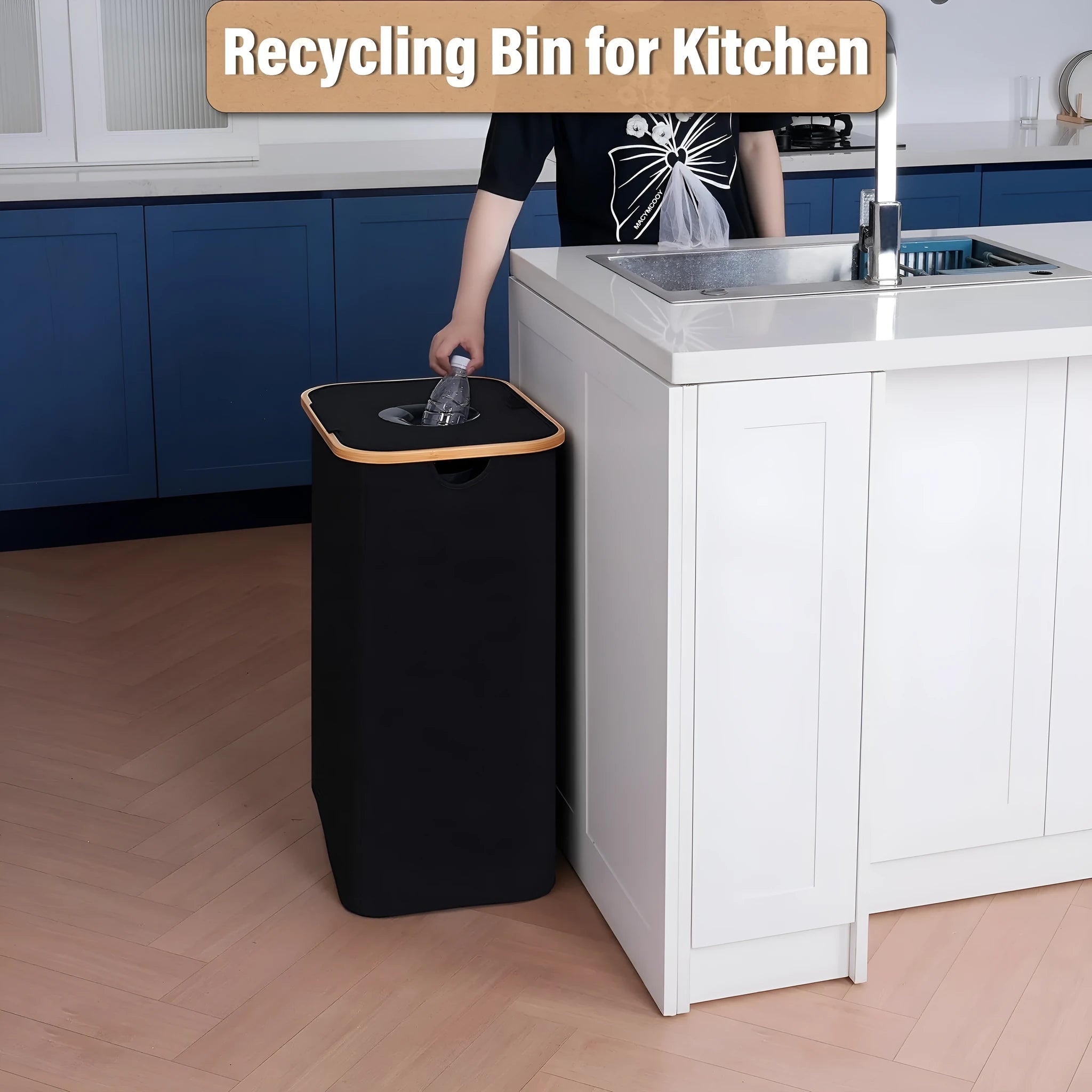 Black bamboo pattern laundry basket with removable lid showing ventilation holes and interior double pockets