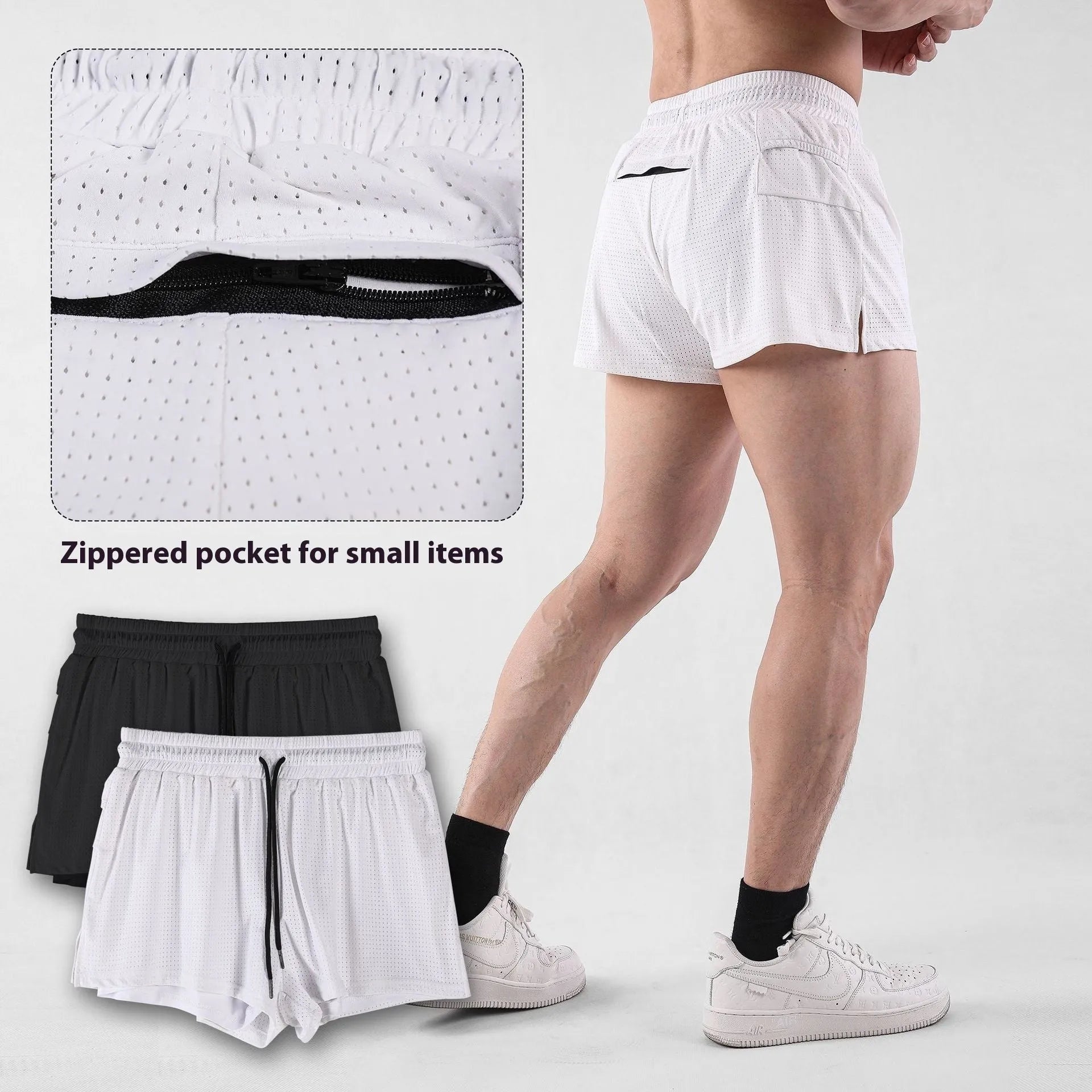 Men's quick-drying nylon summer shorts in black and white colours with mid waist design