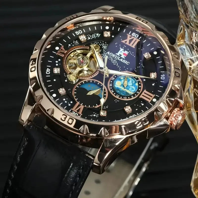 Men's rose gold skeleton automatic watch with black leather strap showing mechanical movement