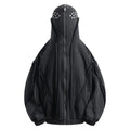 Black loose-fit cotton zip hooded coat with an abstract pattern and light padding.