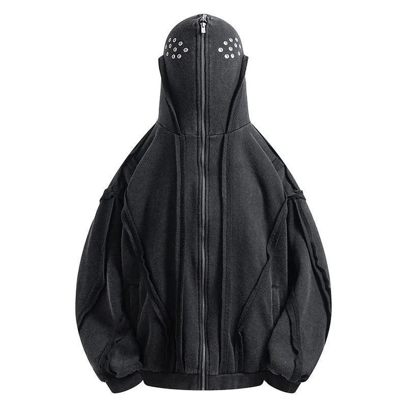 Black loose-fit cotton zip hooded coat with an abstract pattern and light padding.