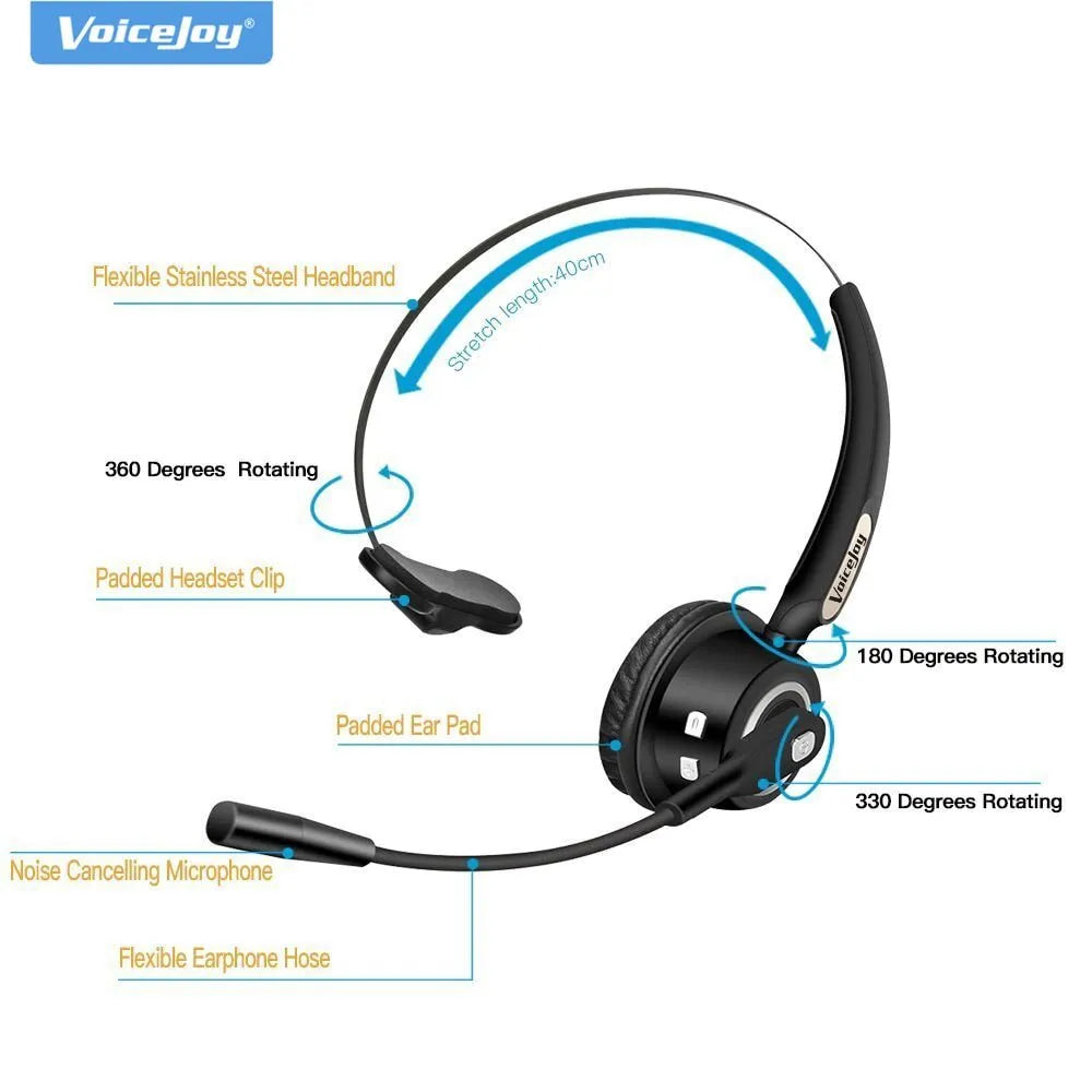 Bluetooth headset with microphone designed for truck drivers and office use, featuring noise-cancelling technology.