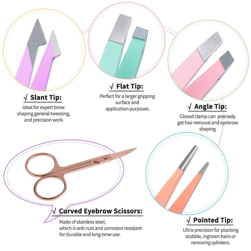Professional 6-piece stainless steel eyebrow tweezers set with curved scissors, brush, and leather case