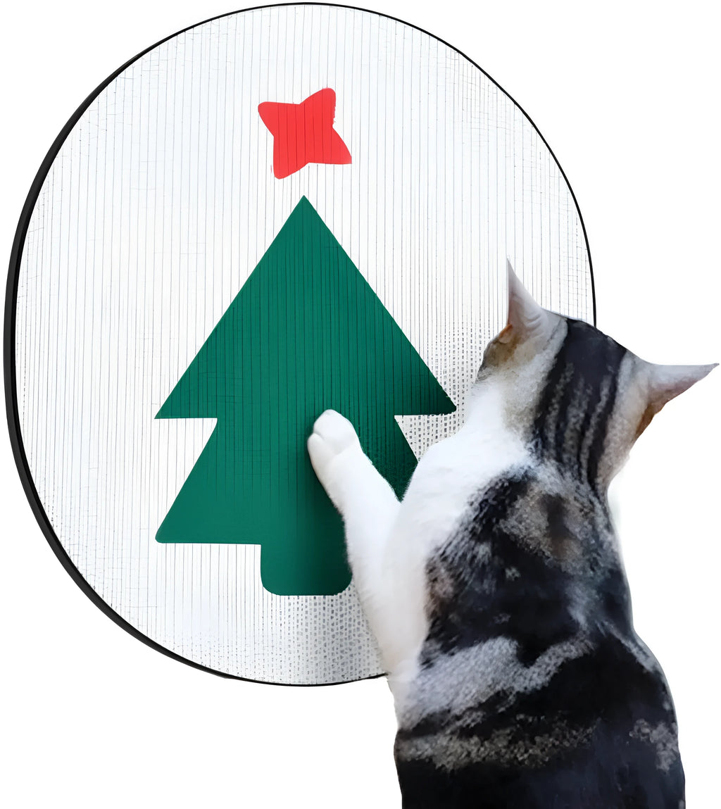 Wall mounted vertical cat scratcher cardboard pad on a wall.