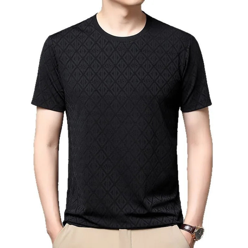 Man wearing a loose-fit ice silk jacquard short sleeve top in a solid colour.