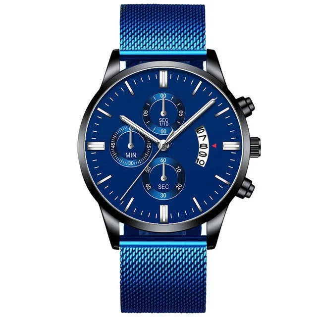 Mens stainless steel mesh band quartz watch with 4.2cm case and decorative sub-dial