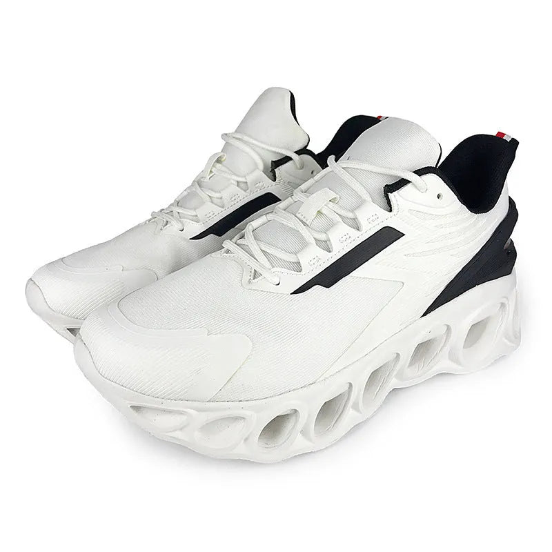 Men's casual mesh sports shoes in black, white, or dark blue with lace-up closure and round toe