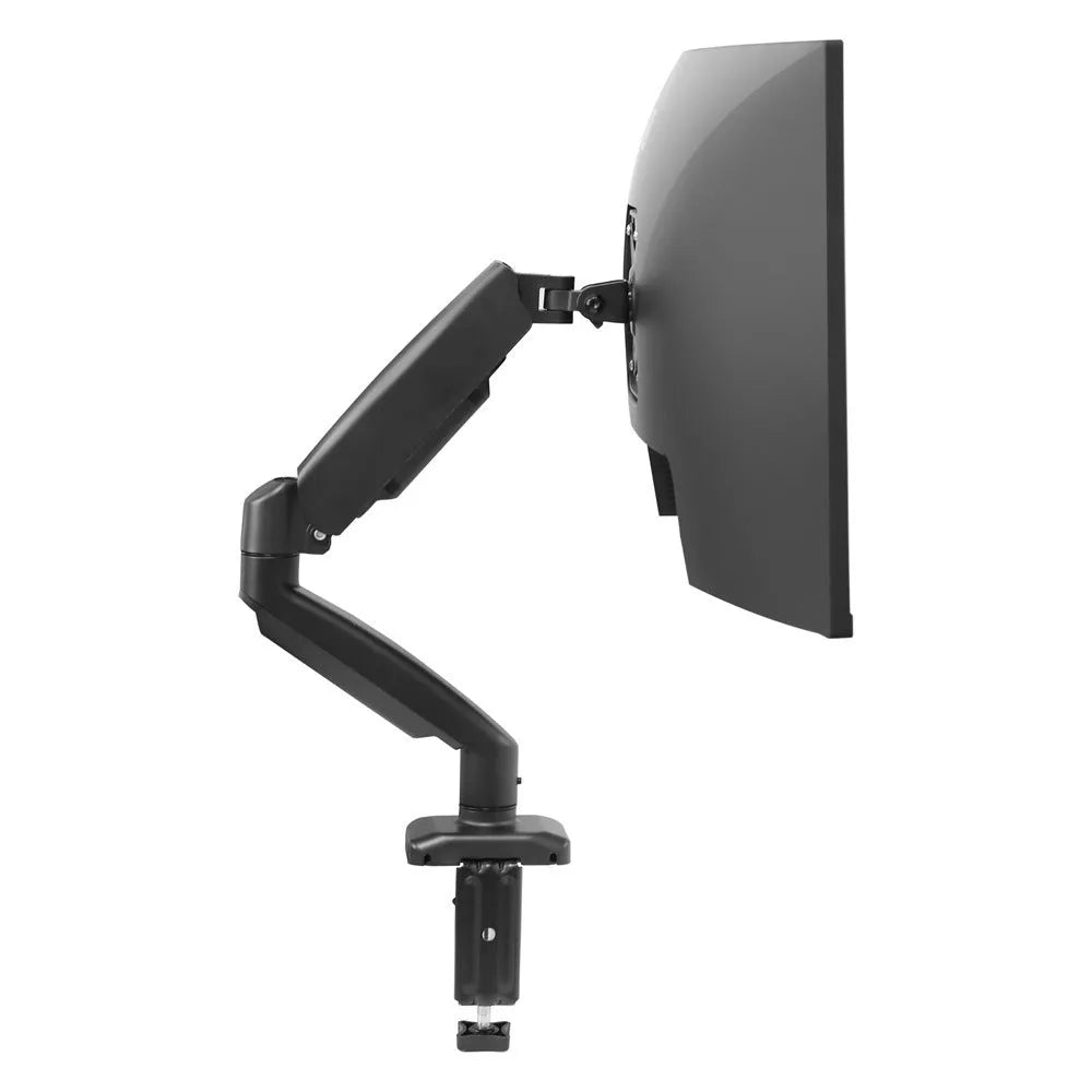 Black LCD screen rotating telescopic bracket elevated on a desk next to a monitor