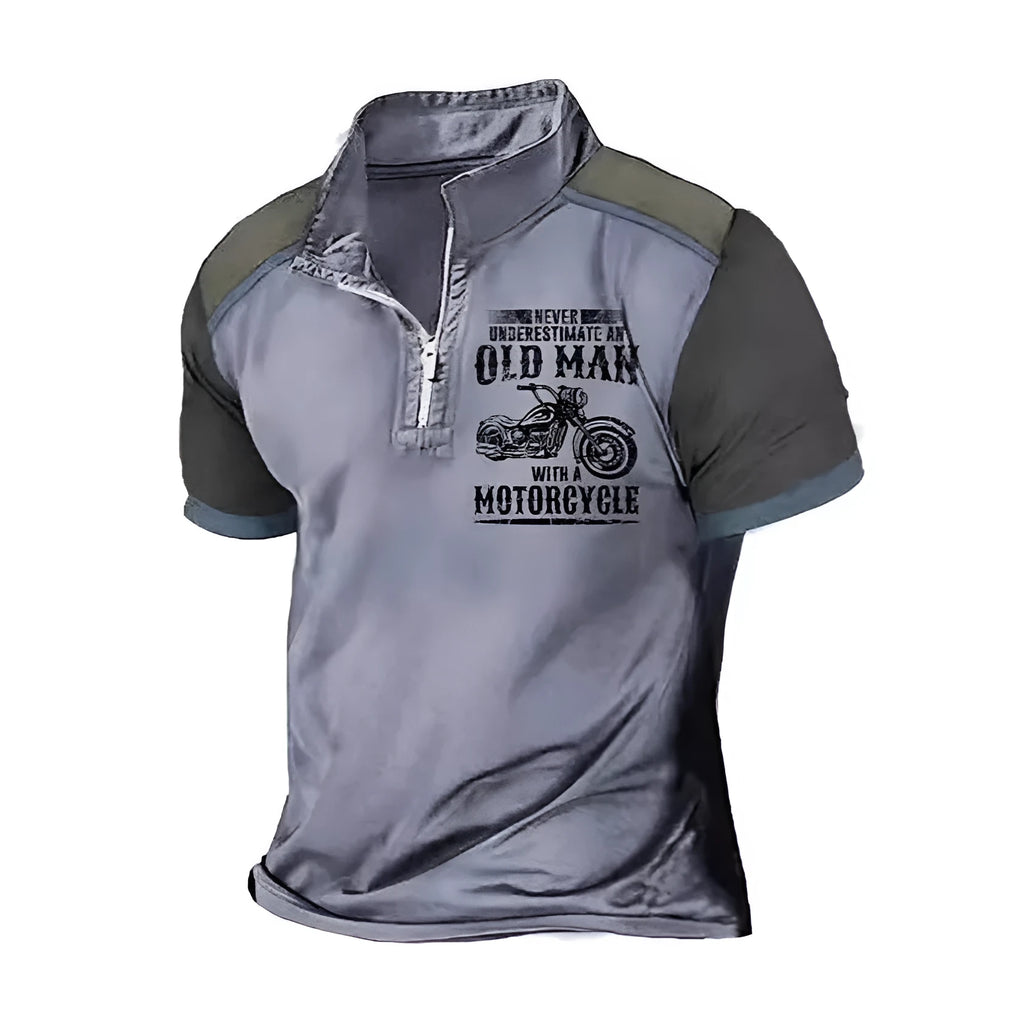 Men's casual polo shirt with lapel collar, digital letter printing, and zip decoration detail in short sleeve design