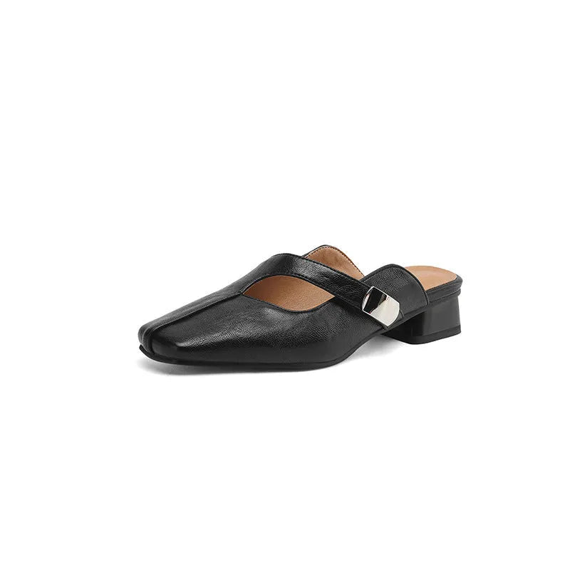 British-style square toe outdoor slippers in black, beige, and silver colours with low heel design
