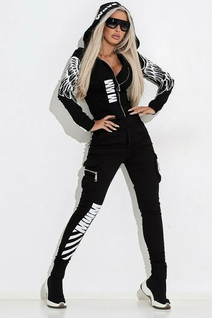 Black women's printing pattern hooded suit with zipper top and trousers, street fashion style