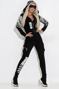 Black women's printing pattern hooded suit with zipper top and trousers, street fashion style